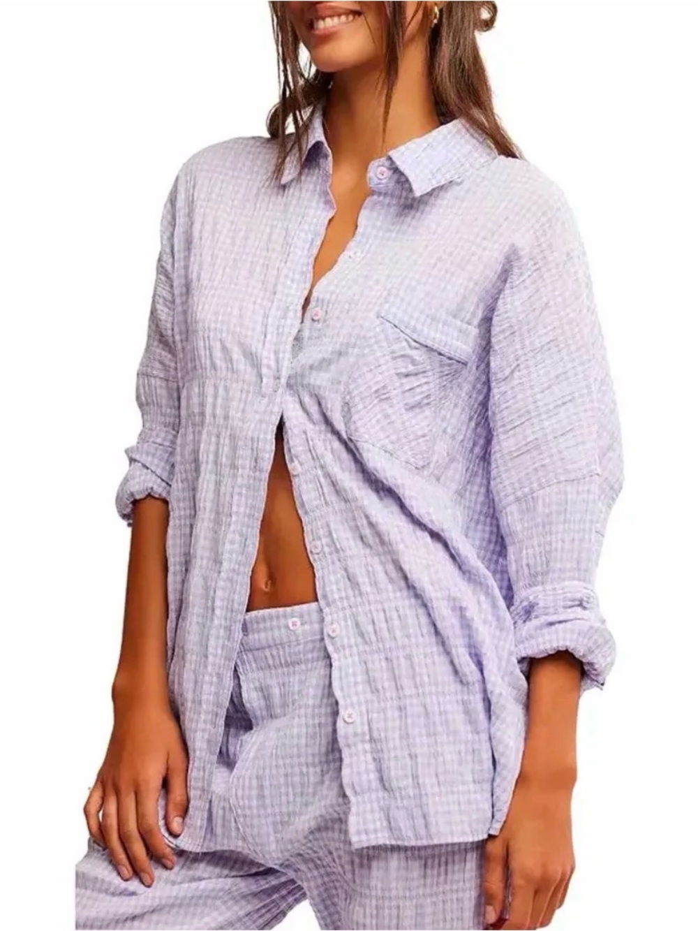 Intimately by Free People Lavender White Gingham Oversized Button-Down Shirt NWT
